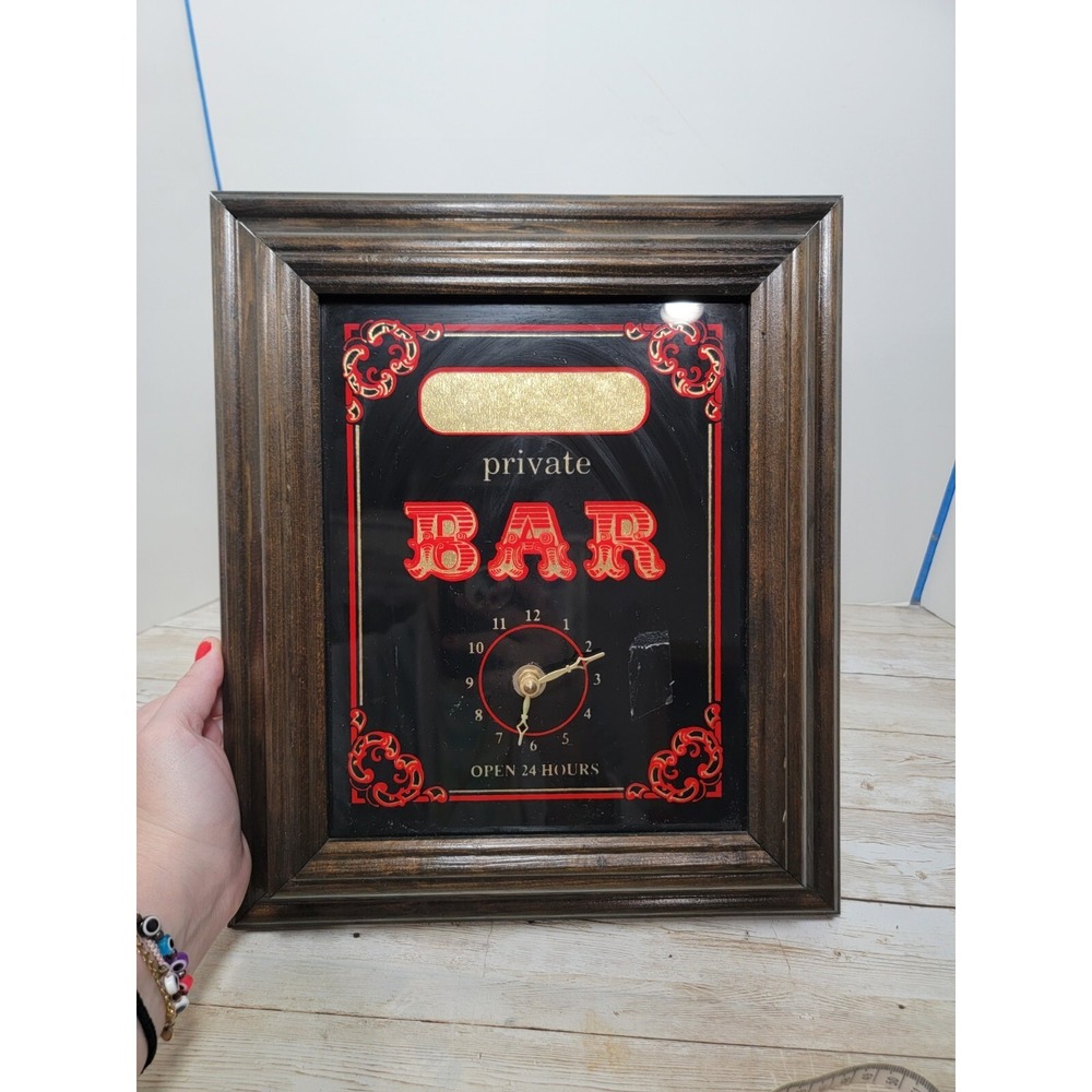 Vintage Private Bar Open 24 Hours Foil Back Wood Framed Sign No Name Clock 16"